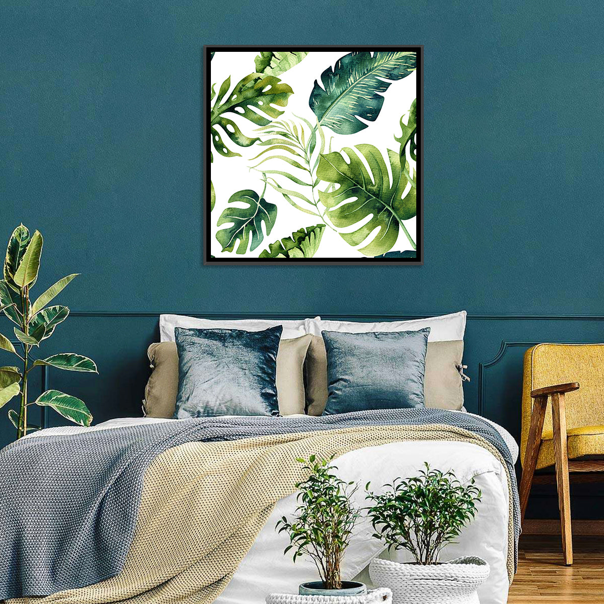 Tropical Watercolor Leaves Wall Art in a room, square
