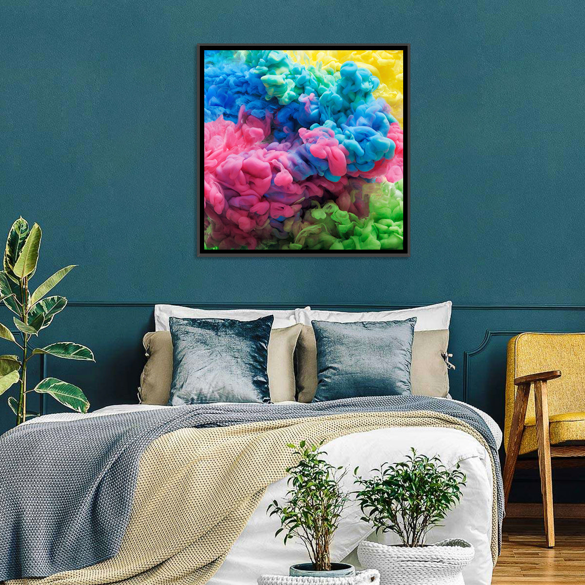 Swirling Ink Plumes Wall Art in a room, square