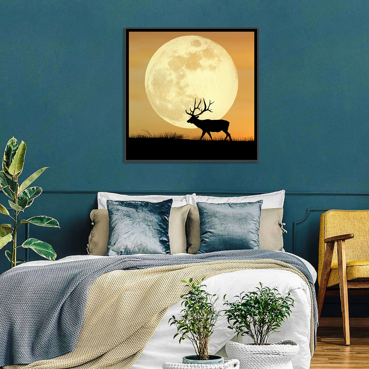 Bull Elk Silhouette Under Supermoon Wall Art