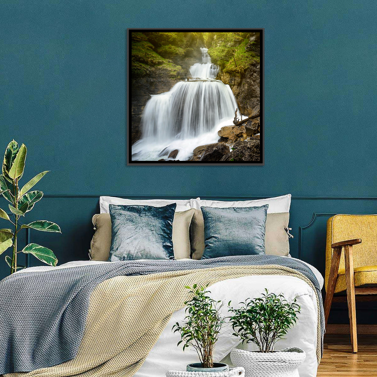 White Cascade Over Mossy Rocks Wall Art