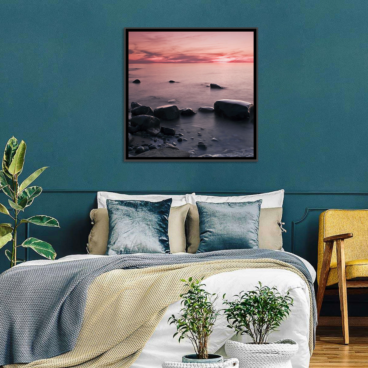 Pink Dusk Lakeshore with Silhouetted Rocks Wall Art