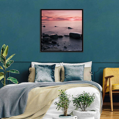 Pink Dusk Lakeshore with Silhouetted Rocks Wall Art