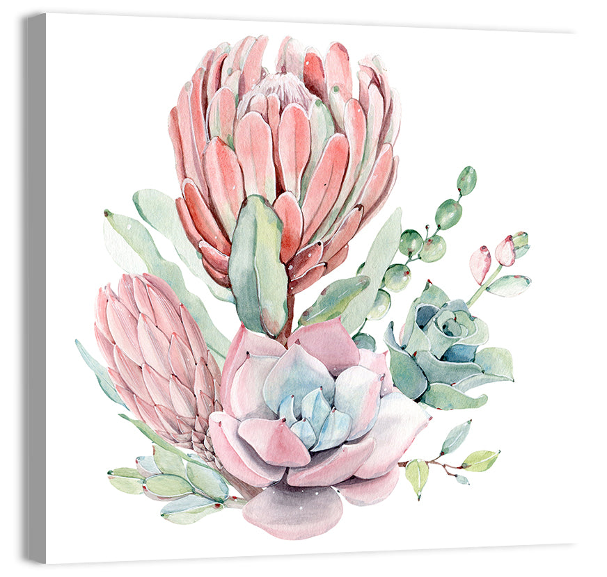 Pink Protea Succulent Bouquet Wall Art, canvas print, square