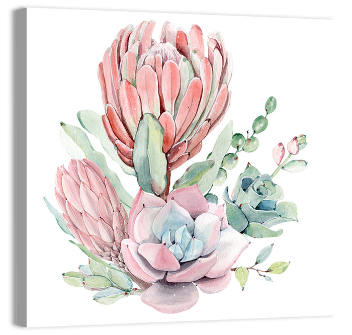 Pink Protea Succulent Bouquet Wall Art as a canvas print