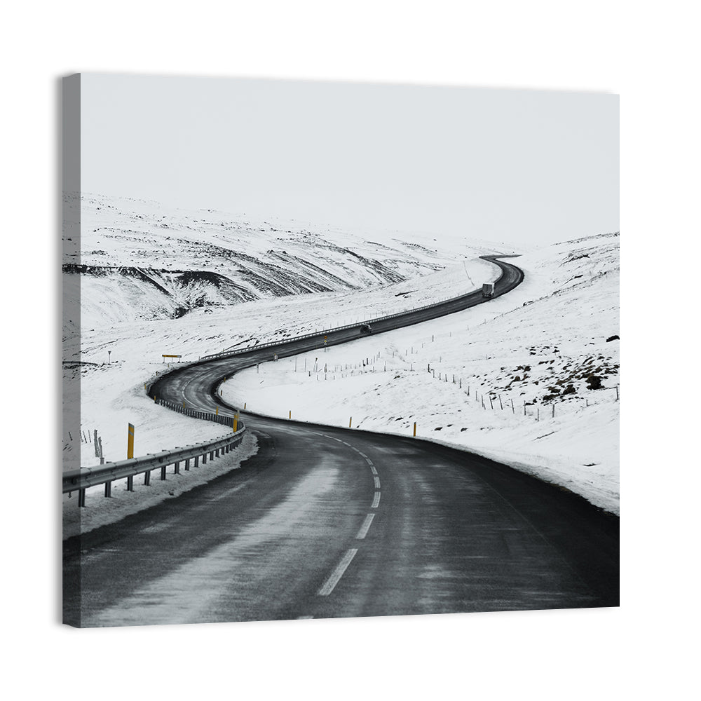 Winding Snow Road with Yellow Markers Wall Art