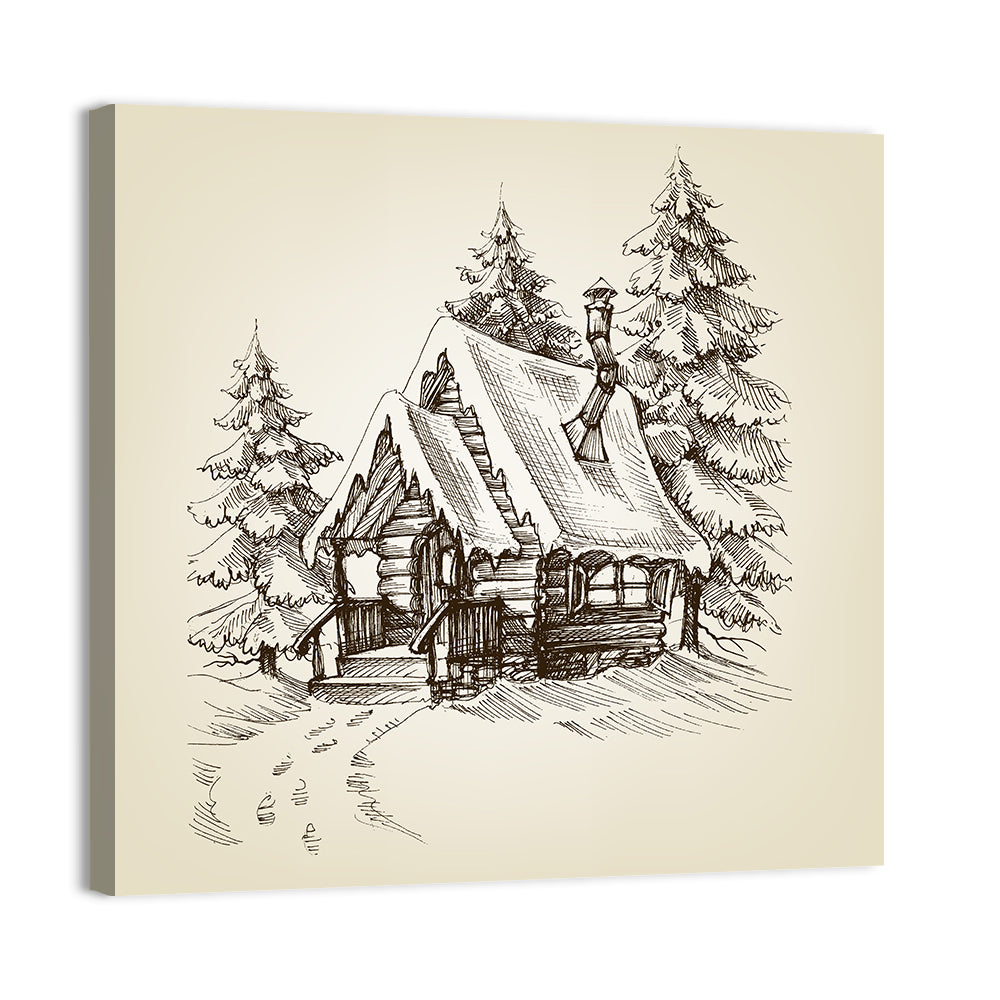 Snowy Log Cabin Illustration Wall Art, canvas print, square