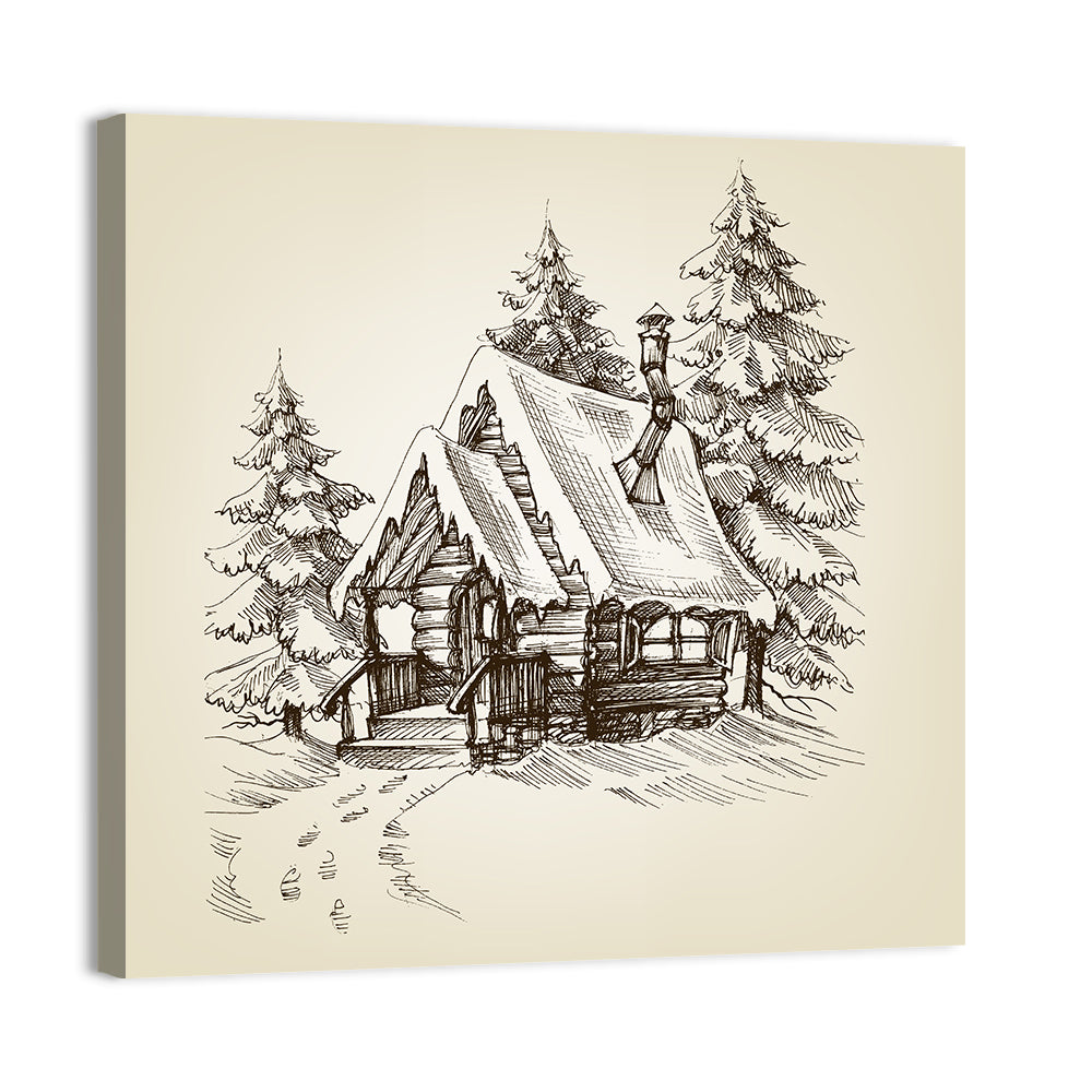 Winter Cabin Illustration Wall Art