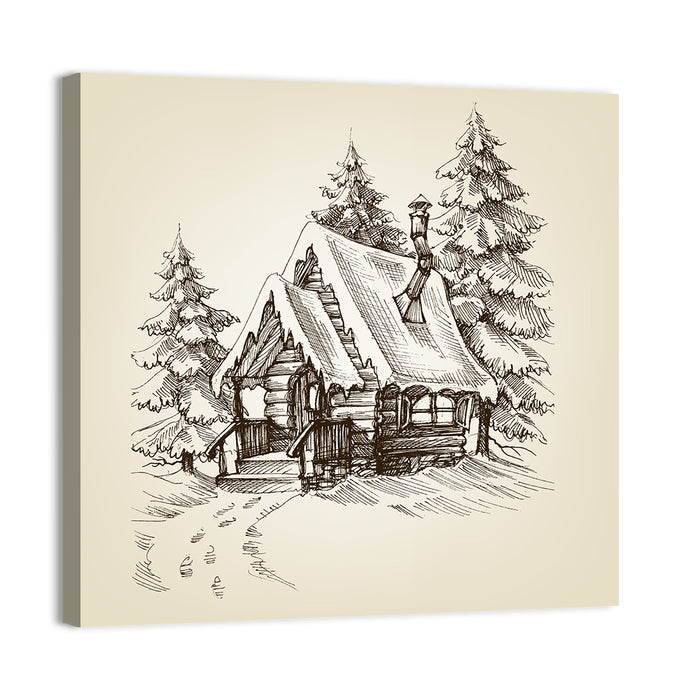 Snowy Log Cabin Illustration Wall Art as a canvas print