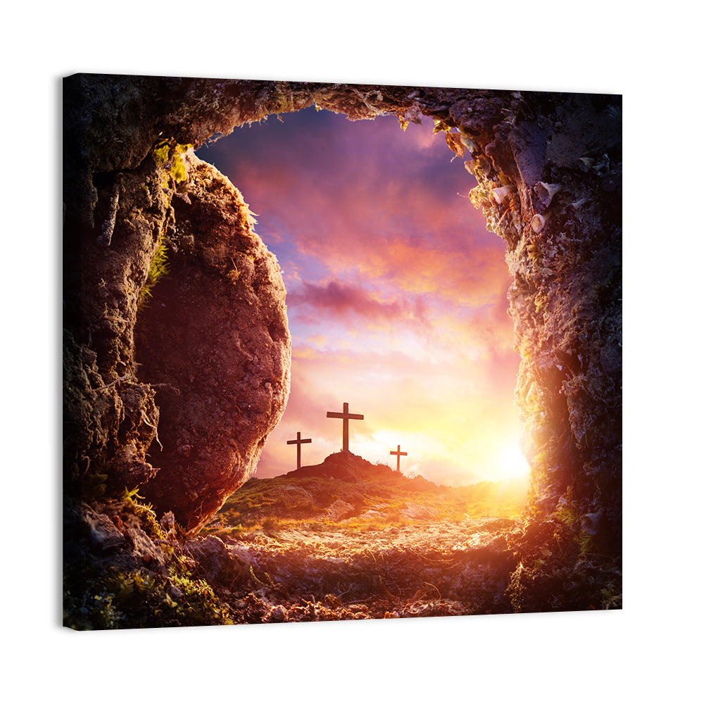 Three Crosses at Sunrise Wall Art, canvas print, square