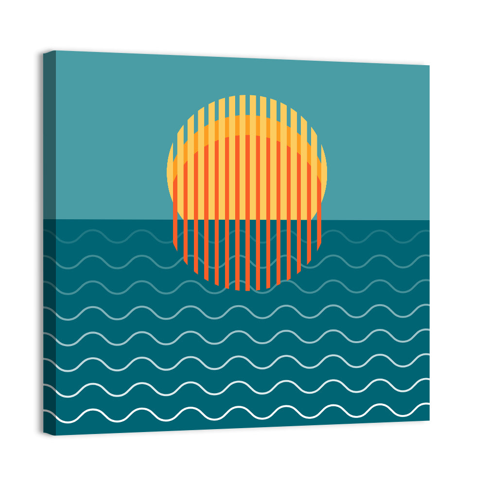 Teal Ocean Sunset Illustration Wall Art