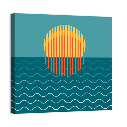 Teal Ocean Sunset Illustration Wall Art