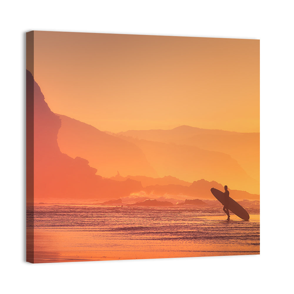 Surfer Silhouette at Golden Sunset Wall Art