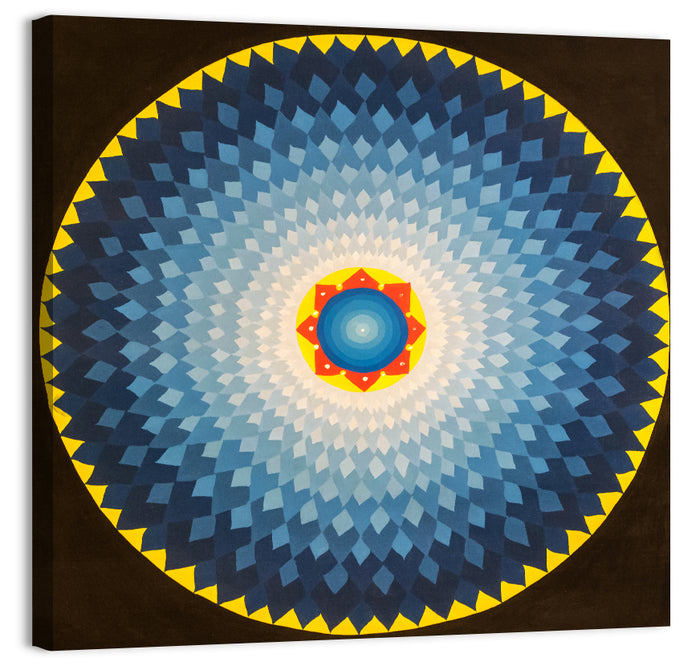 Radiant Blue Sunburst Mandala Wall Art as a canvas print