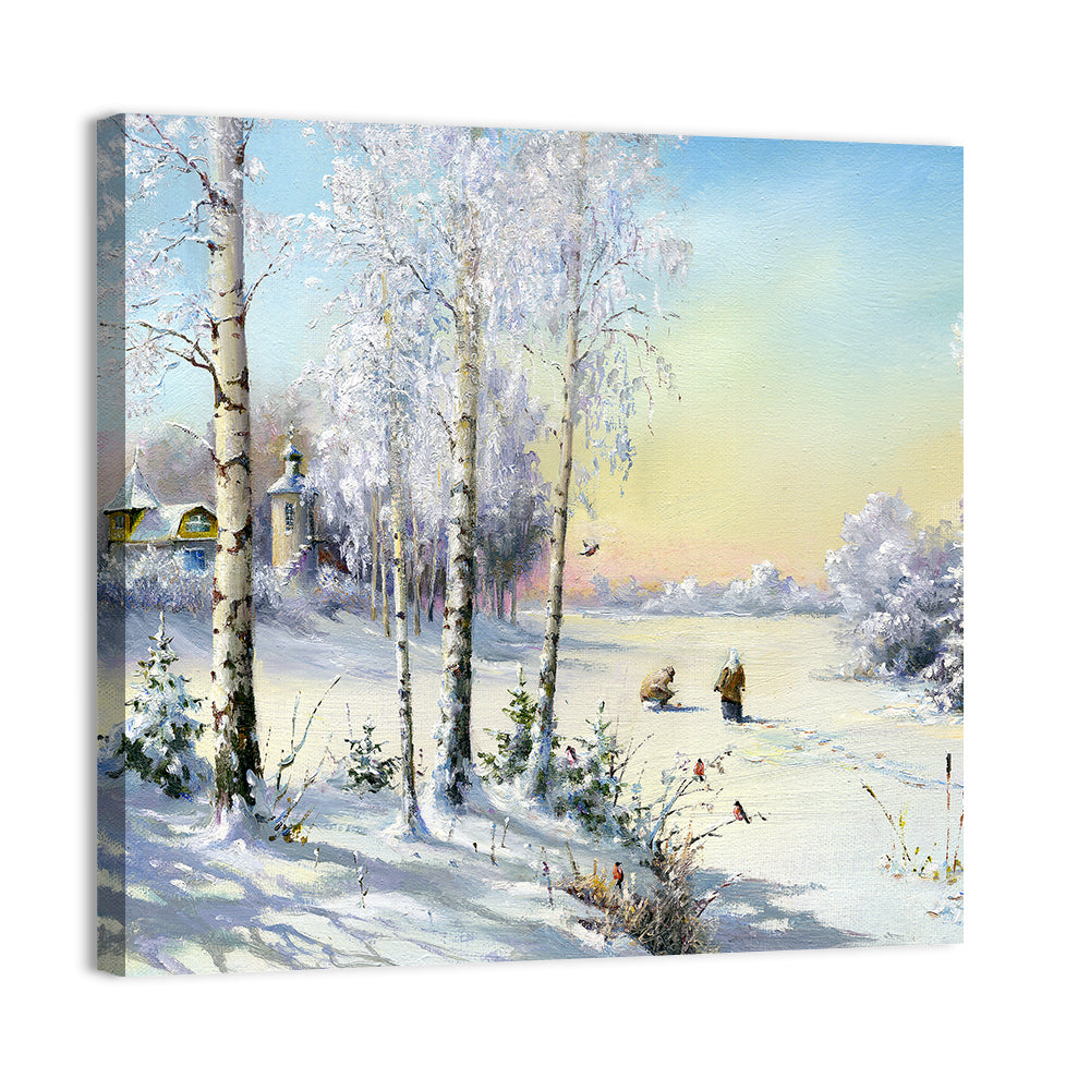 Birch-framed Winter Village Wall Art