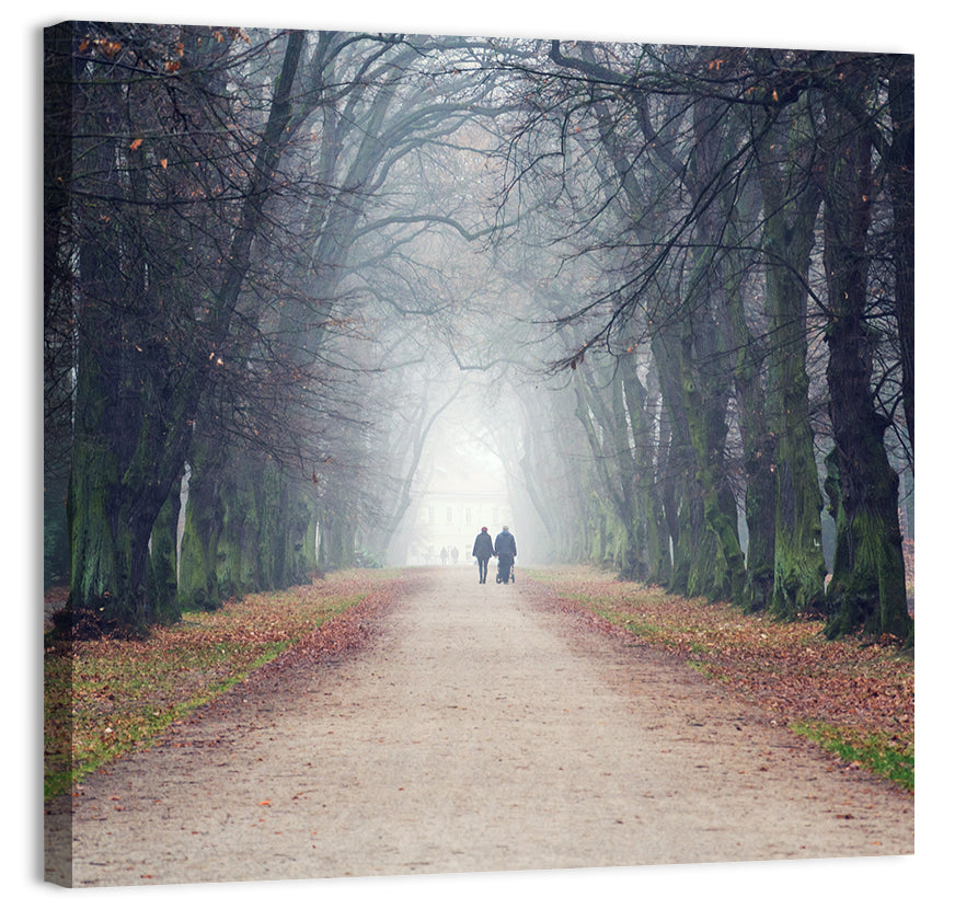 Foggy Tree Lined Walkway in Autumn Wall Art