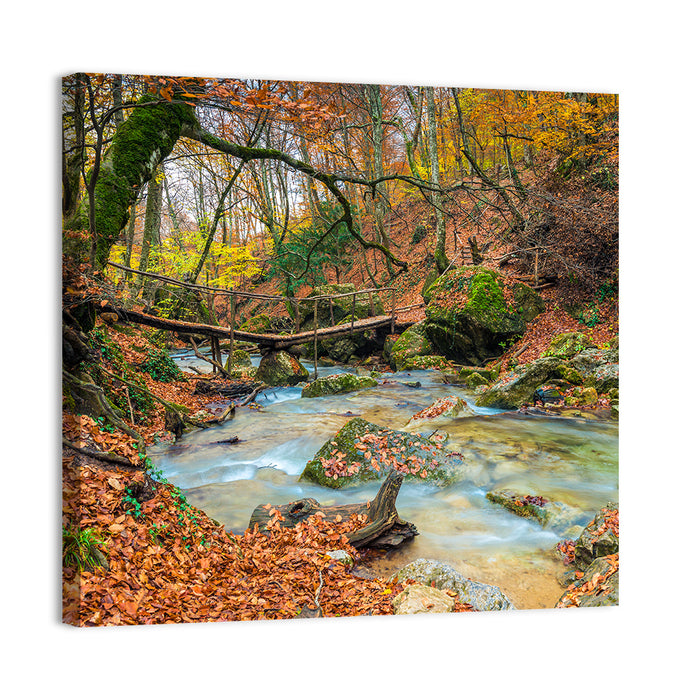Mossy Footbridge in Autumn Forest Wall Art as a canvas print