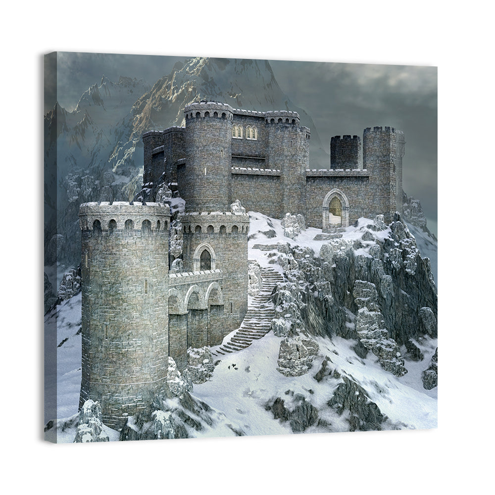 Snowy Medieval Castle Illustration Wall Art, canvas print, square