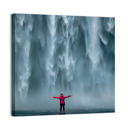 Skogafoss Waterfall with Figure in Pink Wall Art