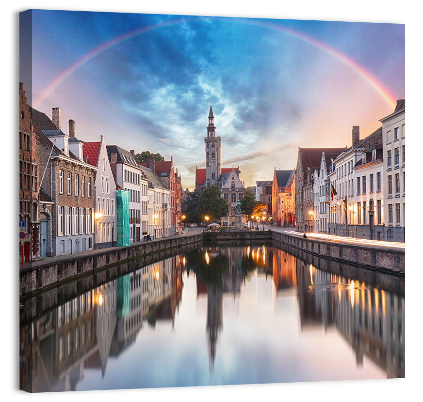 Bruges Twilight Rainbow Over Spiegelrei Canal Wall Art, canvas print, square