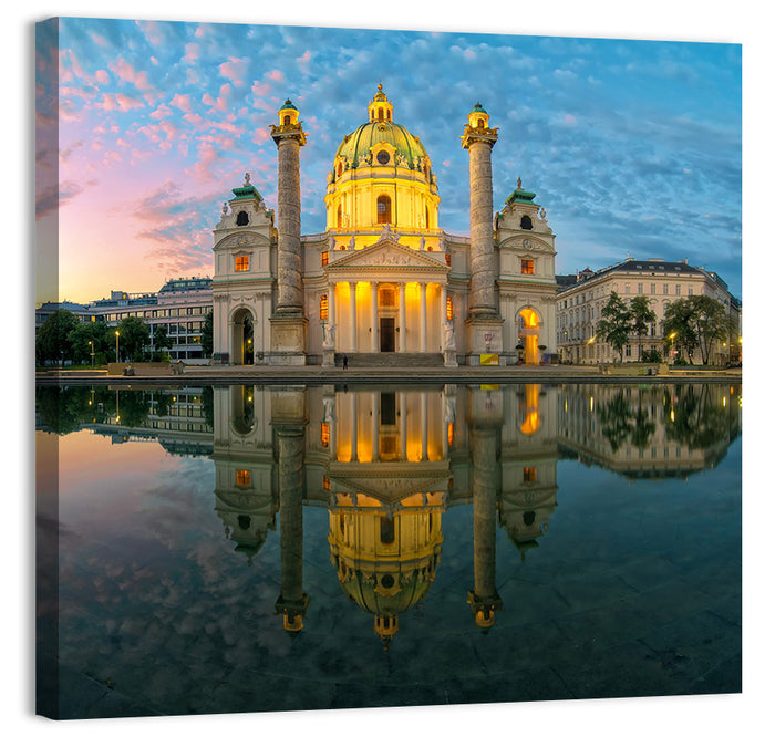 Karlskirche Golden Hour Reflection Wall Art as a canvas print