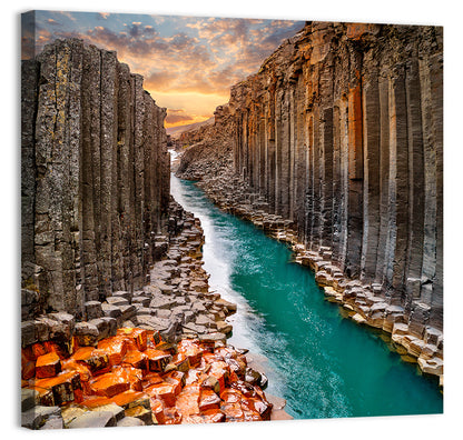 Stuðlagil Canyon Basalt Columns at Golden Hour Wall Art