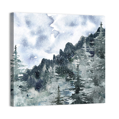 Snowfall Mountain Forest Illustration Wall Art