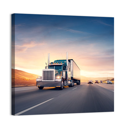 Semi Truck Highway Sunset Wall Art