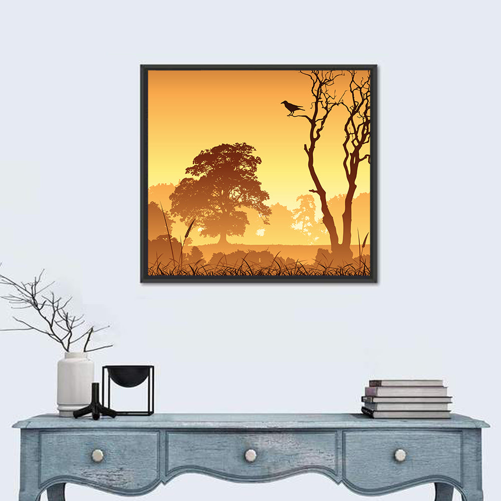 Golden Mist Tree Silhouettes with Crow Wall Art in a room, square