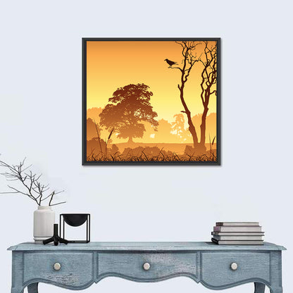 Golden Mist Tree Silhouettes with Crow Wall Art