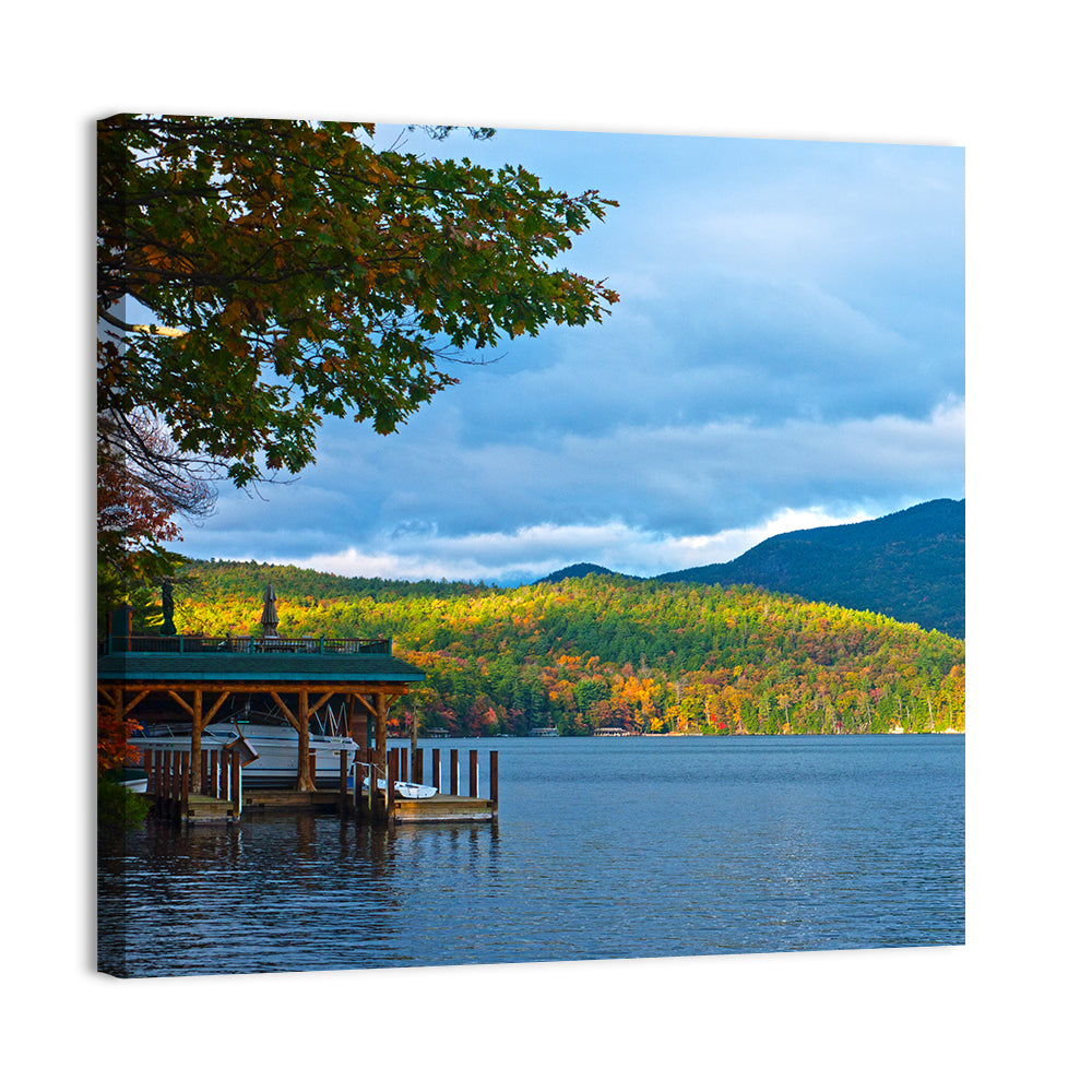 Lake George Boathouse in Autumn Wall Art