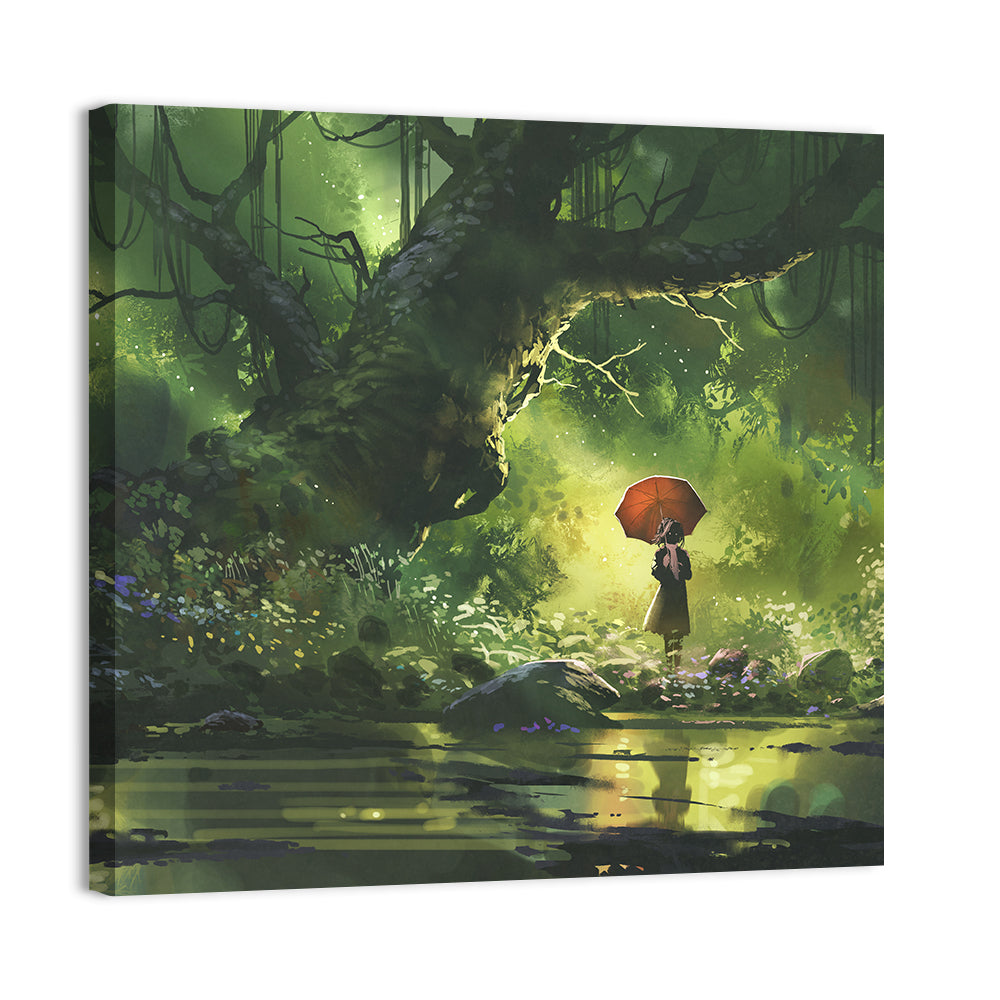 Girl with Umbrella in Mysterious Forest Wall Art
