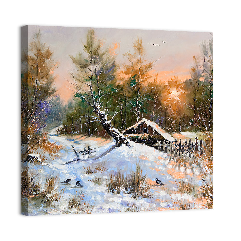 Winter Forest Path with Cabin Wall Art