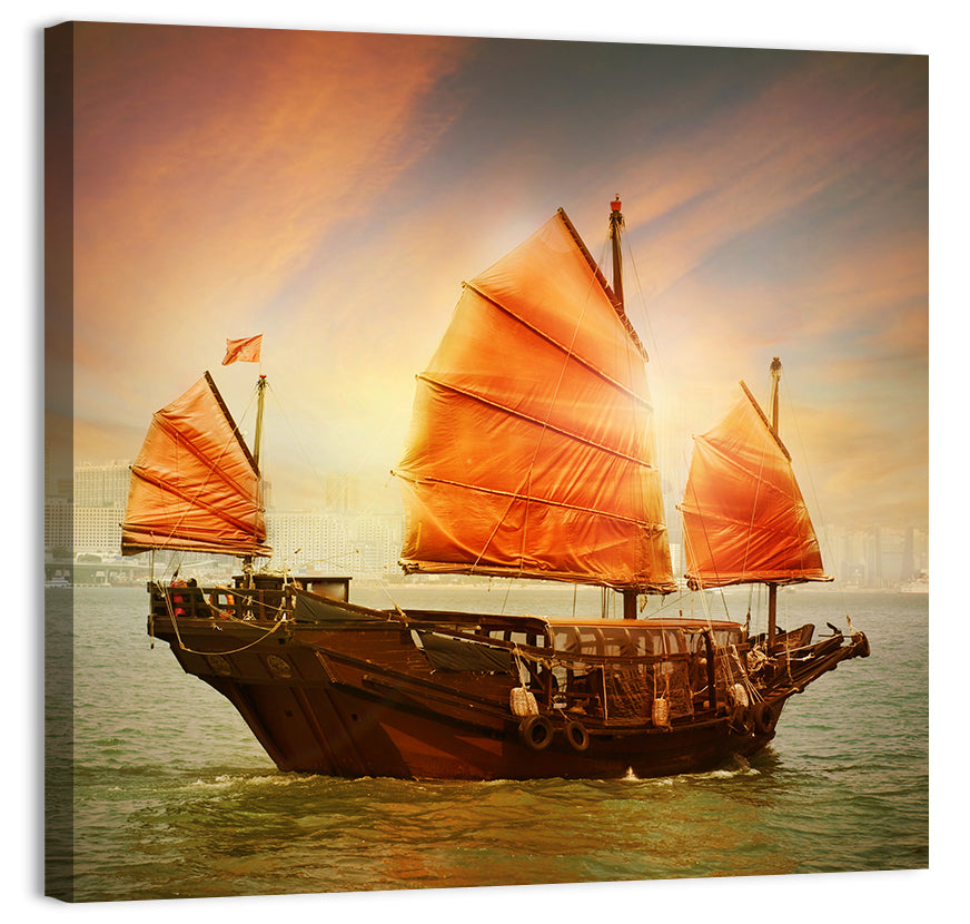 Red Sailed Junk at Victoria Harbour Wall Art