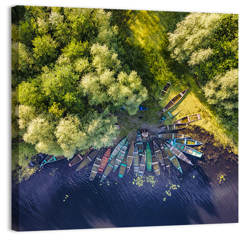 Cluster of Boats Along Forest Shore Wall Art