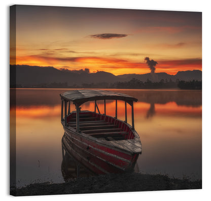 Sunset Fishing Boat on Calm Lake Wall Art