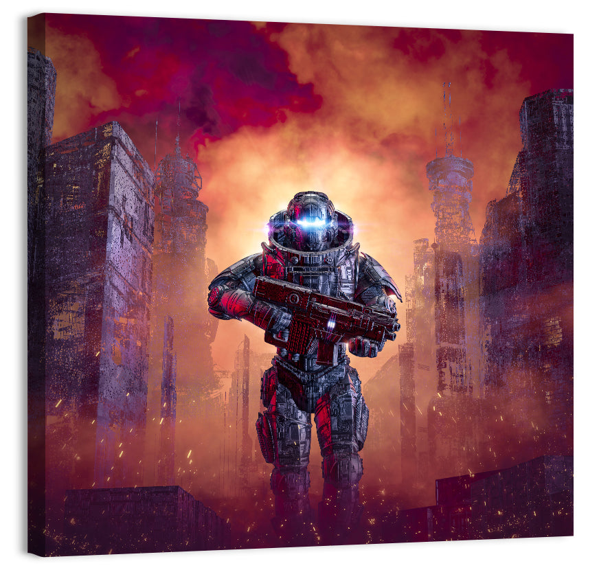 Glowing Visor Cyberpunk Soldier Wall Art, canvas print, square