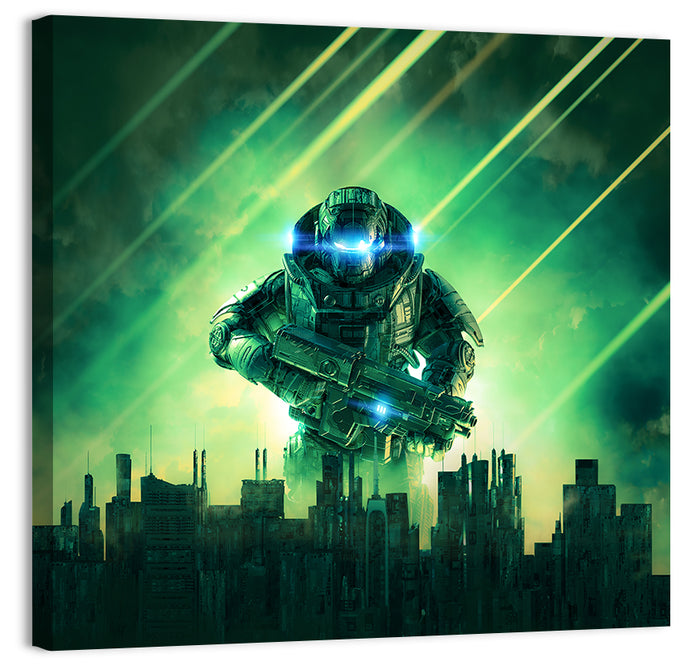Towering Sci Fi Warrior Wall Art as a canvas print