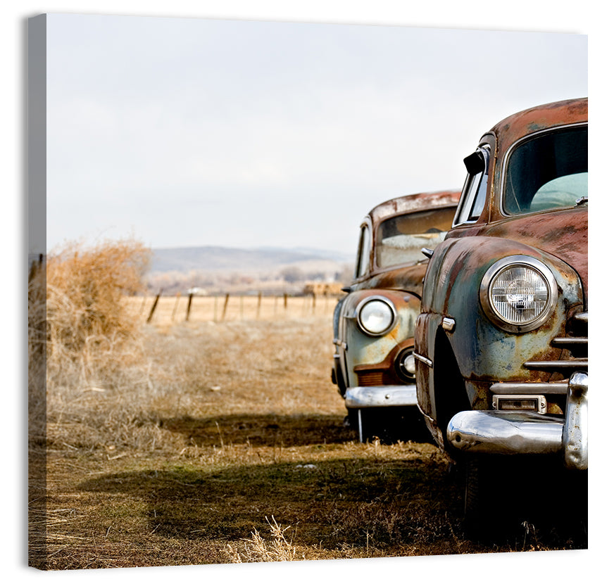 Abandoned Rusty Vintage Cars Behind Barbed Wire Wall Art