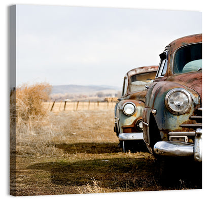 Abandoned Rusty Vintage Cars Behind Barbed Wire Wall Art