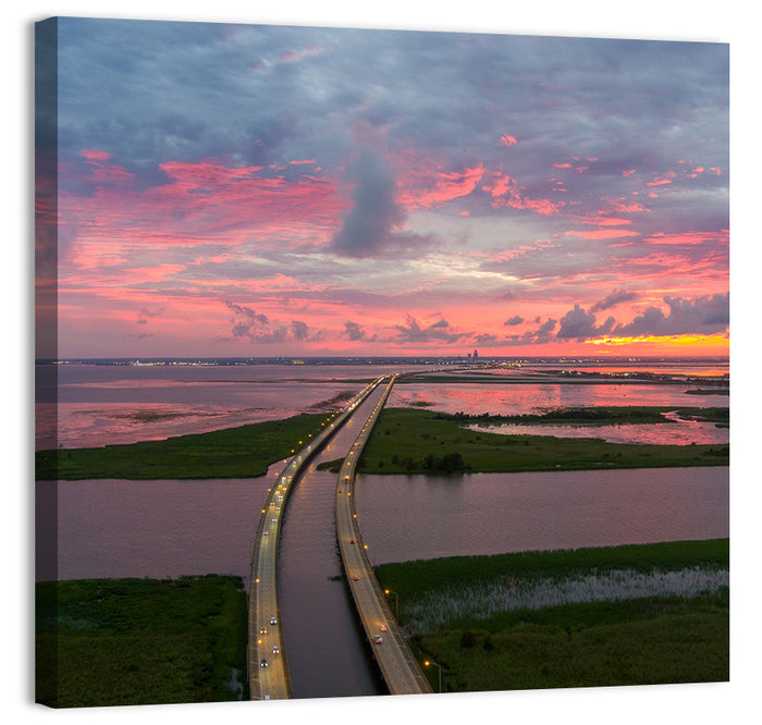 Mobile Bay Causeway at Dusk Wall Art as a canvas print