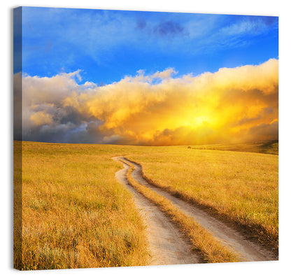 Sunlit Meadow Path with Dramatic Clouds Wall Art