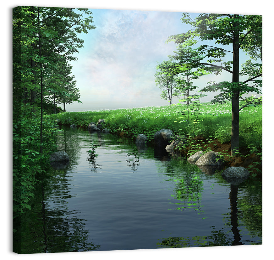Tranquil Meadow Stream with Wildflowers Wall Art