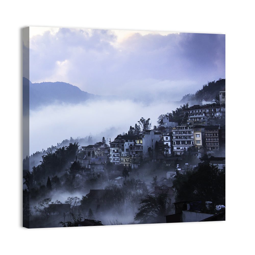 Misty Hillside Town Wall Art