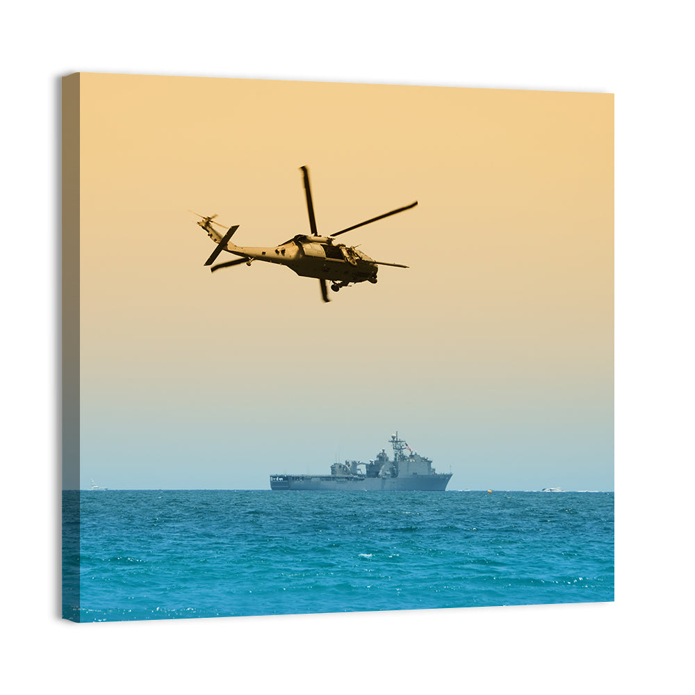 Helicopter Over Warship at Sea Wall Art