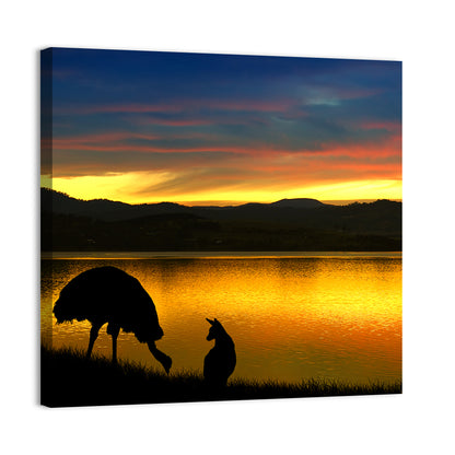 Kangaroo and Emu at Lake Sunset Wall Art