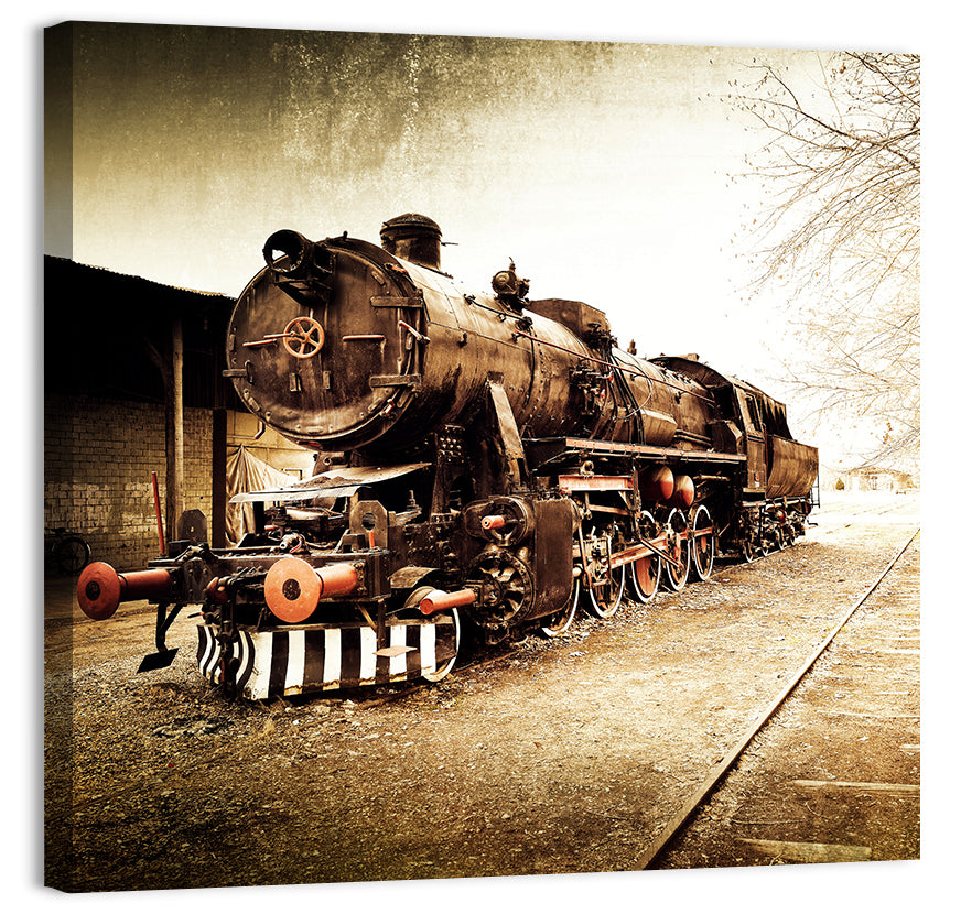 Sepia Steam Locomotive on Rusted Tracks Wall Art