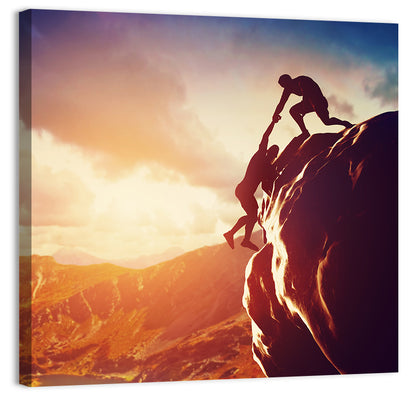 Two Hikers Summit Assist at Sunset Wall Art