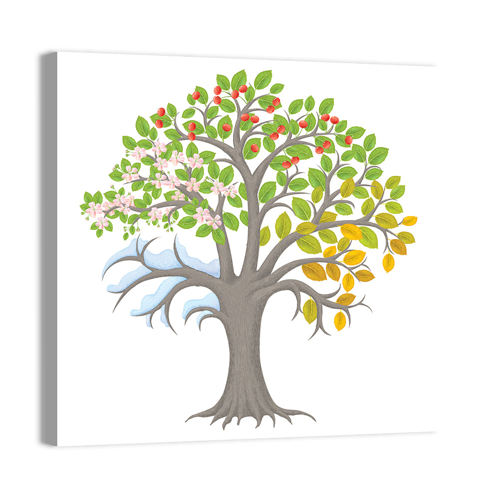 Four Seasons Apple Tree Illustration Wall Art, canvas print, square