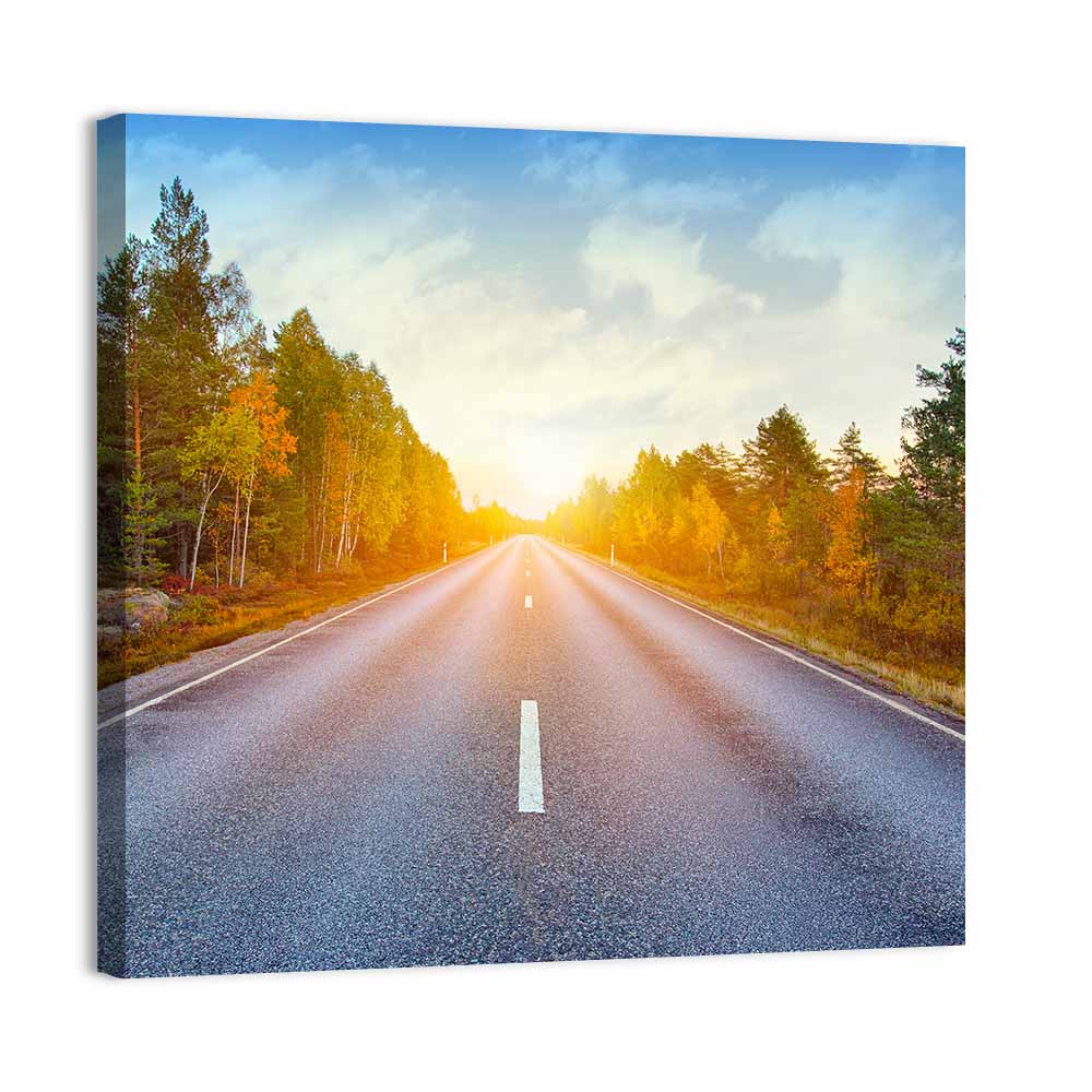Sunlit Autumn Forest Road Wall Art