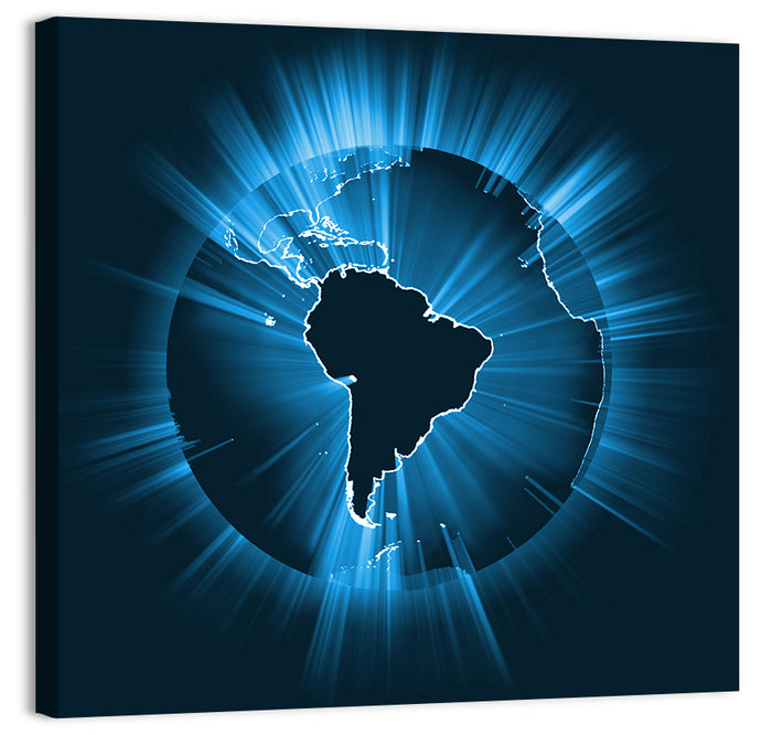Glowing South America Map Wall Art as a canvas print